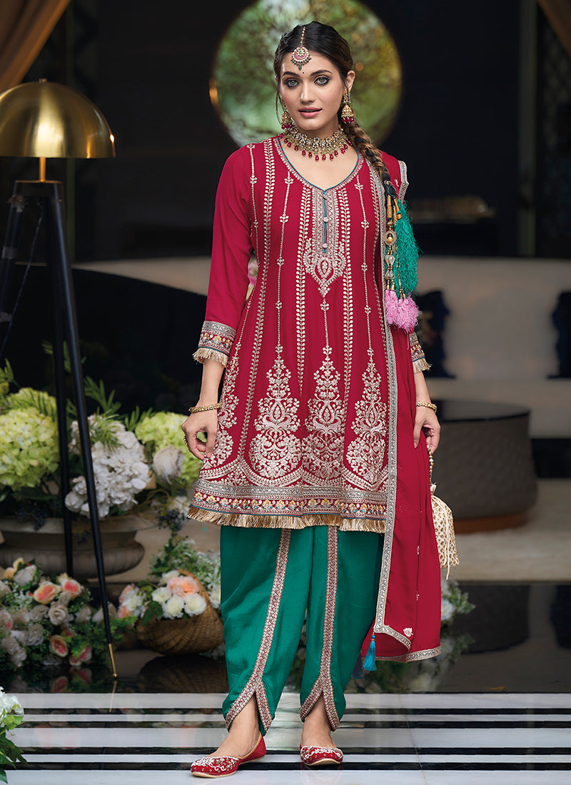 Red Multi Embroidered Designer Dhoti Style Suit