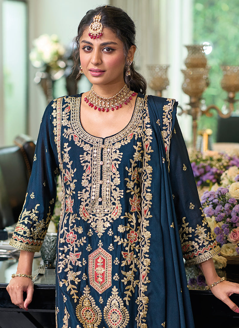 Turquoise Embroidered Festive Gharara Suit