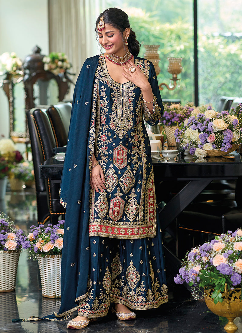 Turquoise Embroidered Festive Gharara Suit