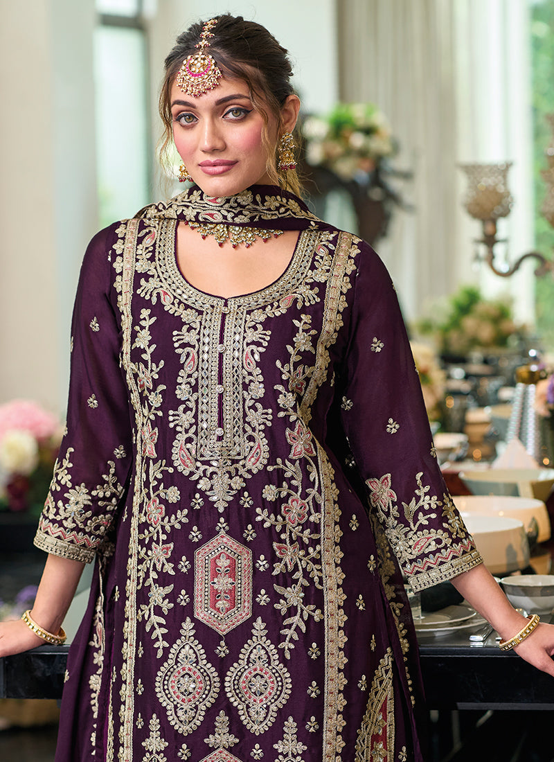 Deep Purple Embroidered Festive Gharara Suit