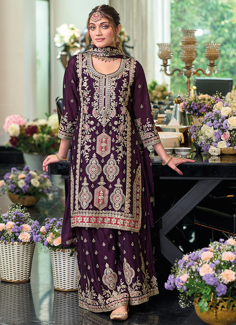 Deep Purple Embroidered Festive Gharara Suit