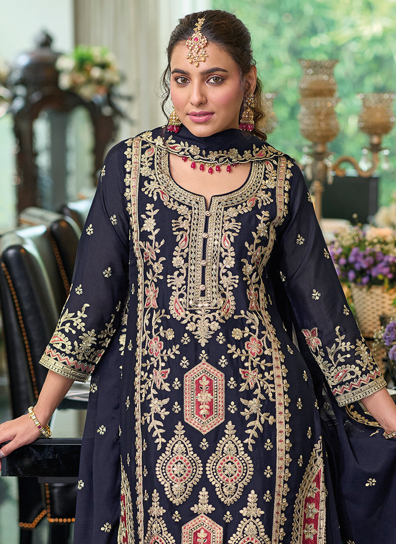 Dark Blue Embroidered Festive Gharara Suit