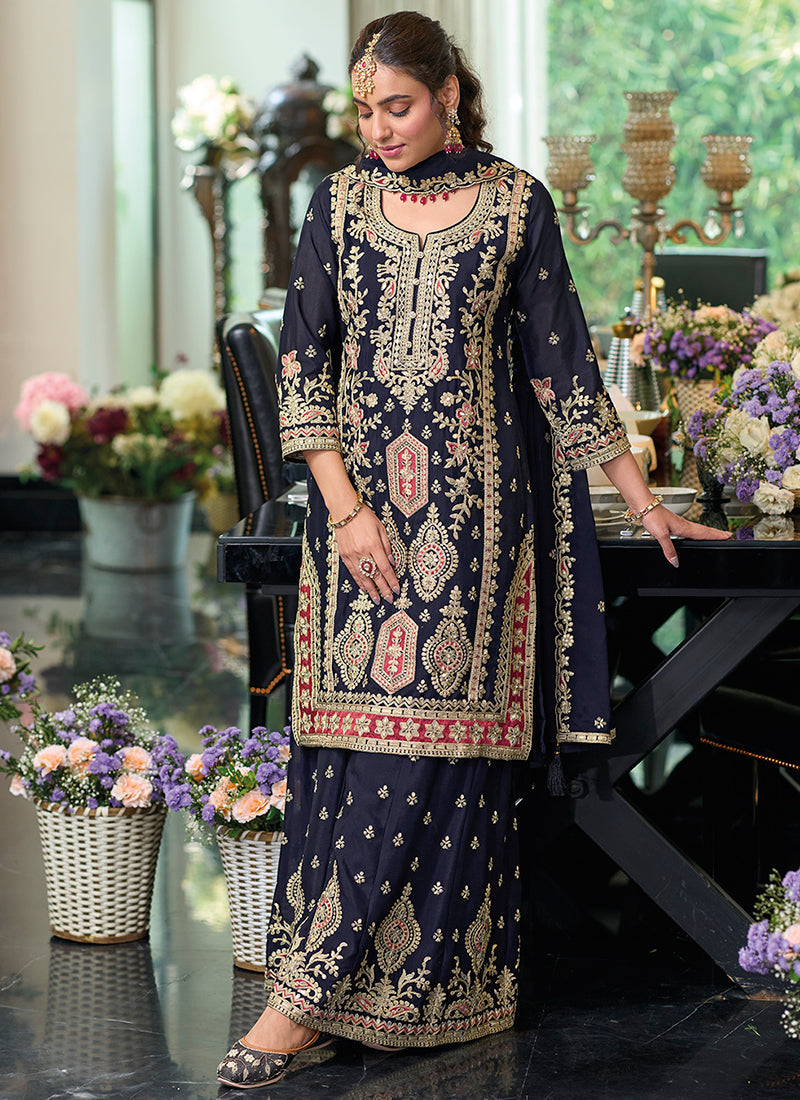 Dark Blue Embroidered Festive Gharara Suit