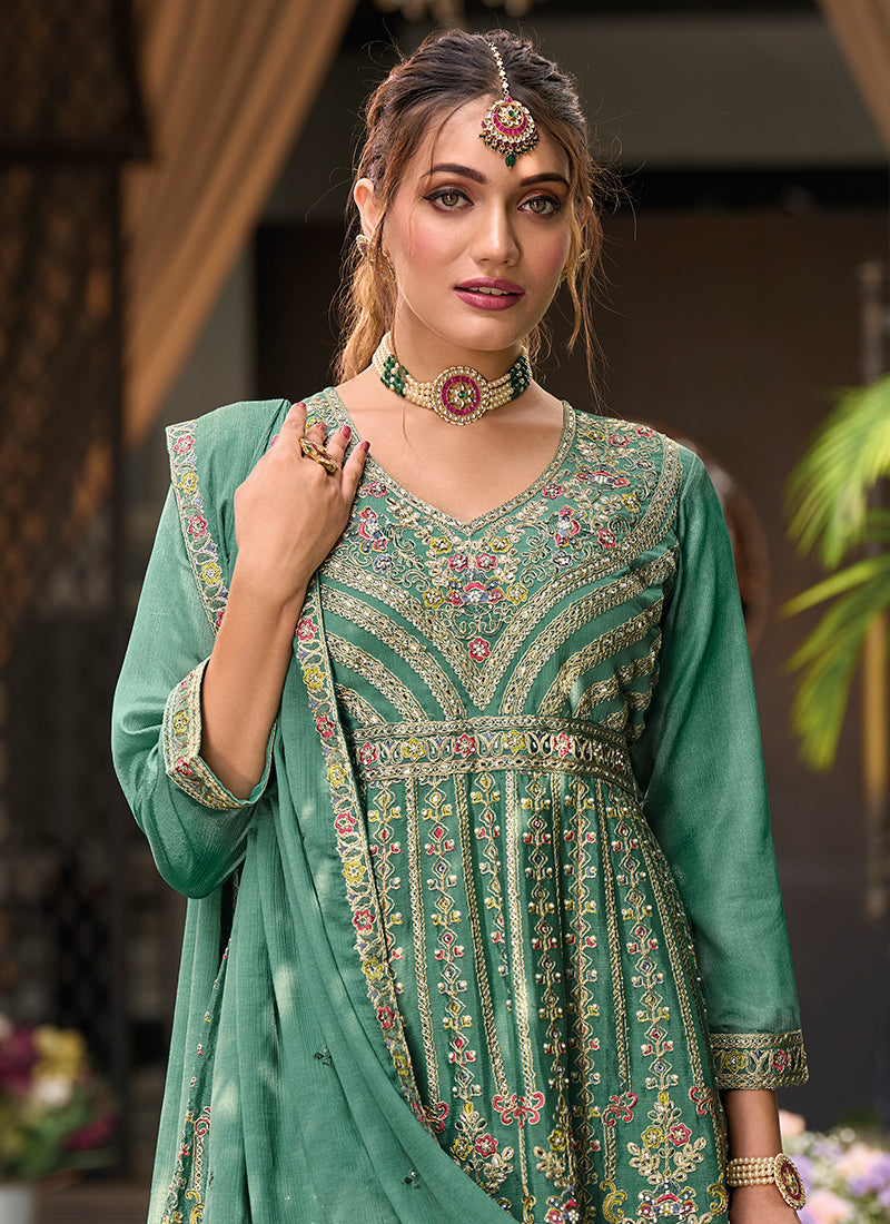 Green Multi Embroidery Sharara Style Suit