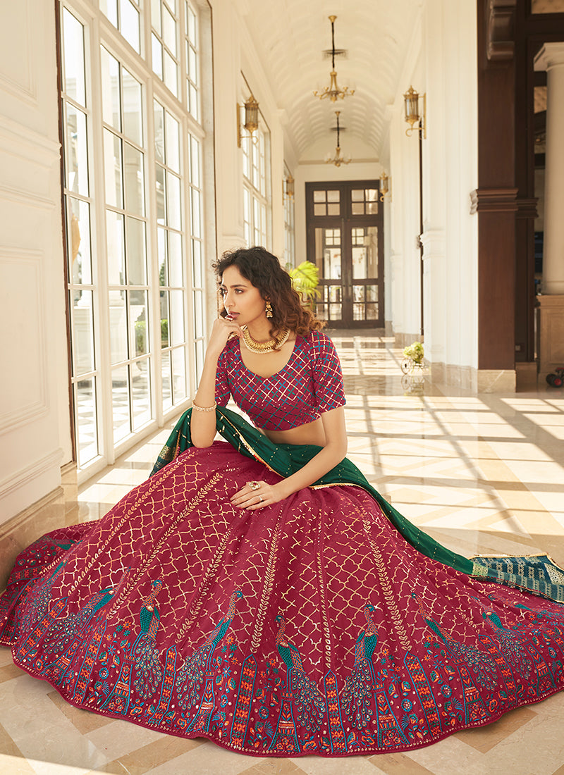 Cherry Red And Green Multi Embroidery Lehenga Choli