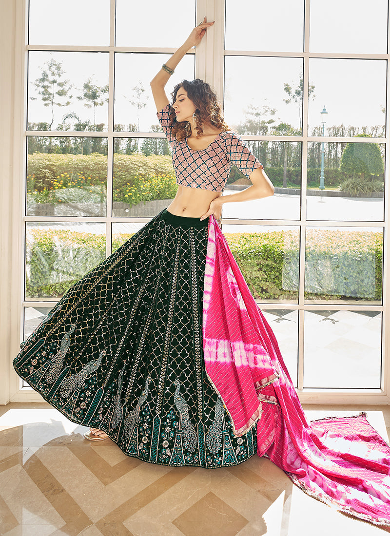 Green And Pink Multi Embroidery Lehenga Choli