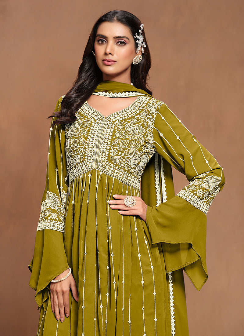 Green White Embroidery Pleated Kurti Palazzo Suit