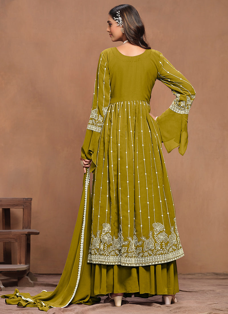 Green White Embroidery Pleated Kurti Palazzo Suit