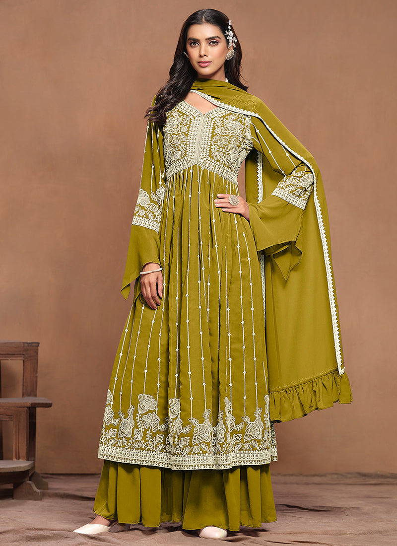 Green White Embroidery Pleated Kurti Palazzo Suit