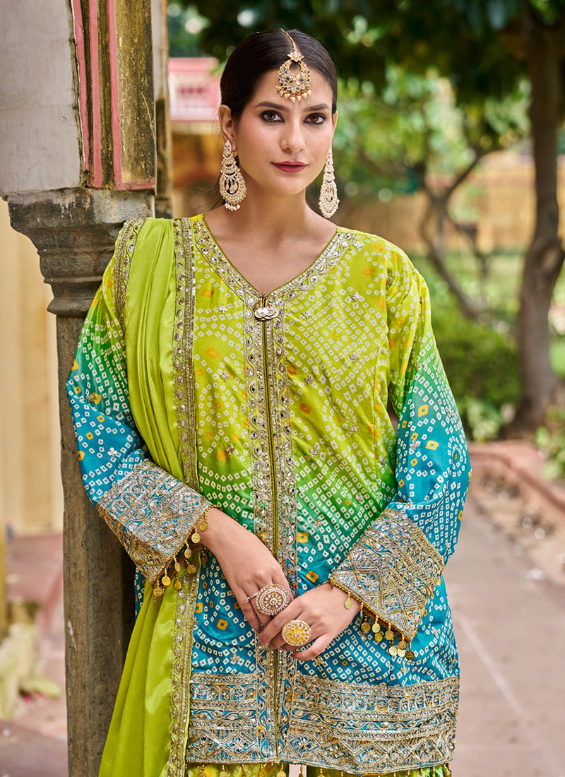 Green Turquoise Ombré Embroidered Sharara Suit