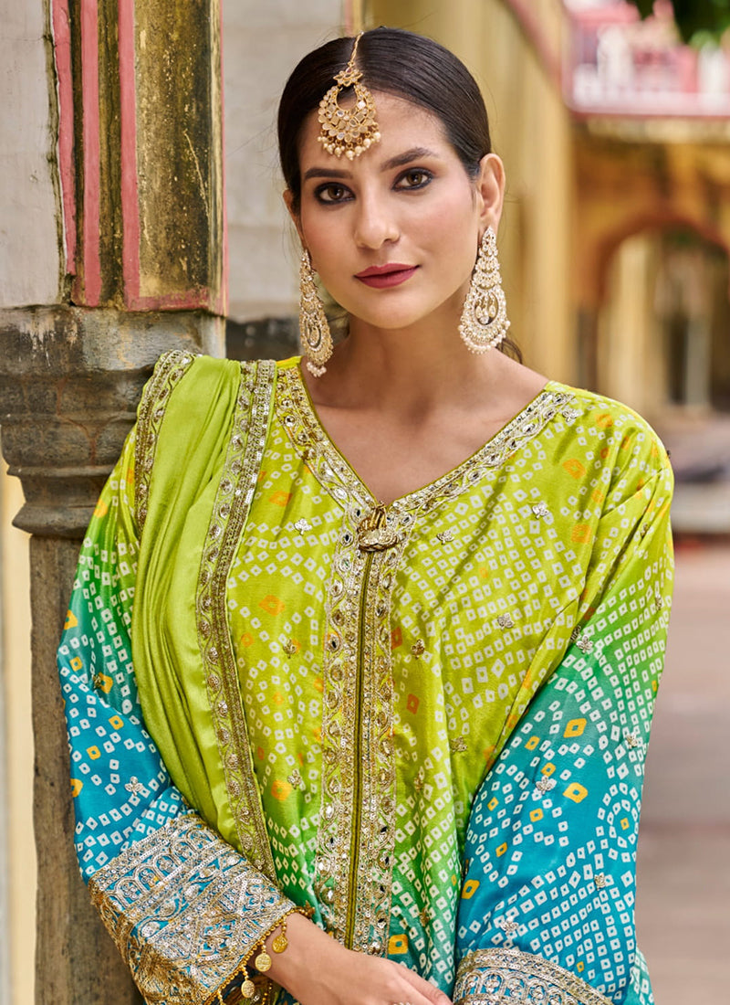 Green Turquoise Ombré Embroidered Sharara Suit