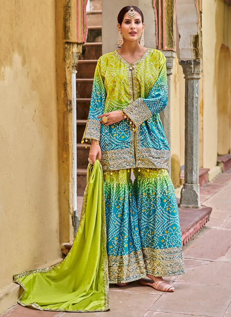 Green Turquoise Ombré Embroidered Sharara Suit