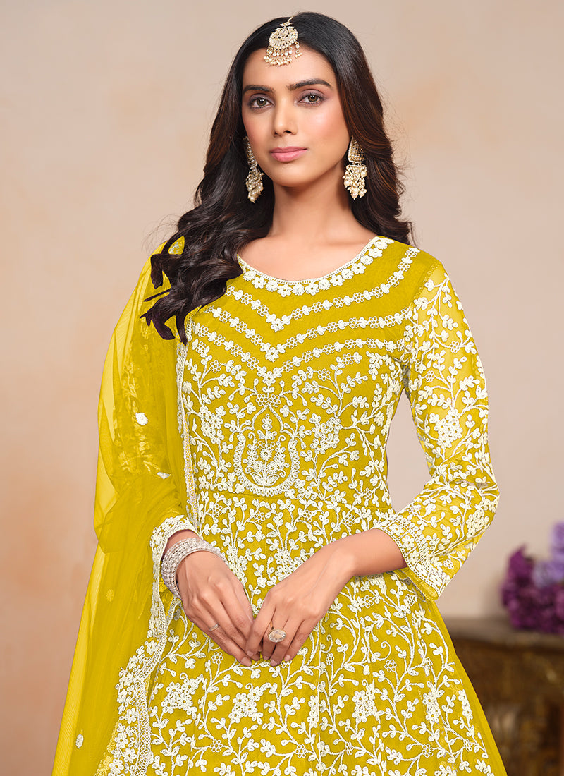 Bright Yellow Designer Embroidery Festive Anarkali Suit