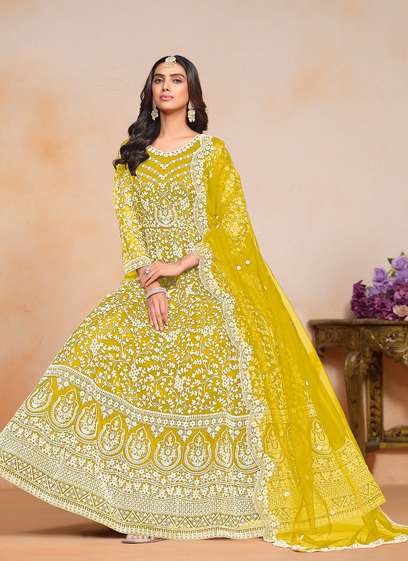 Bright Yellow Designer Embroidery Festive Anarkali Suit