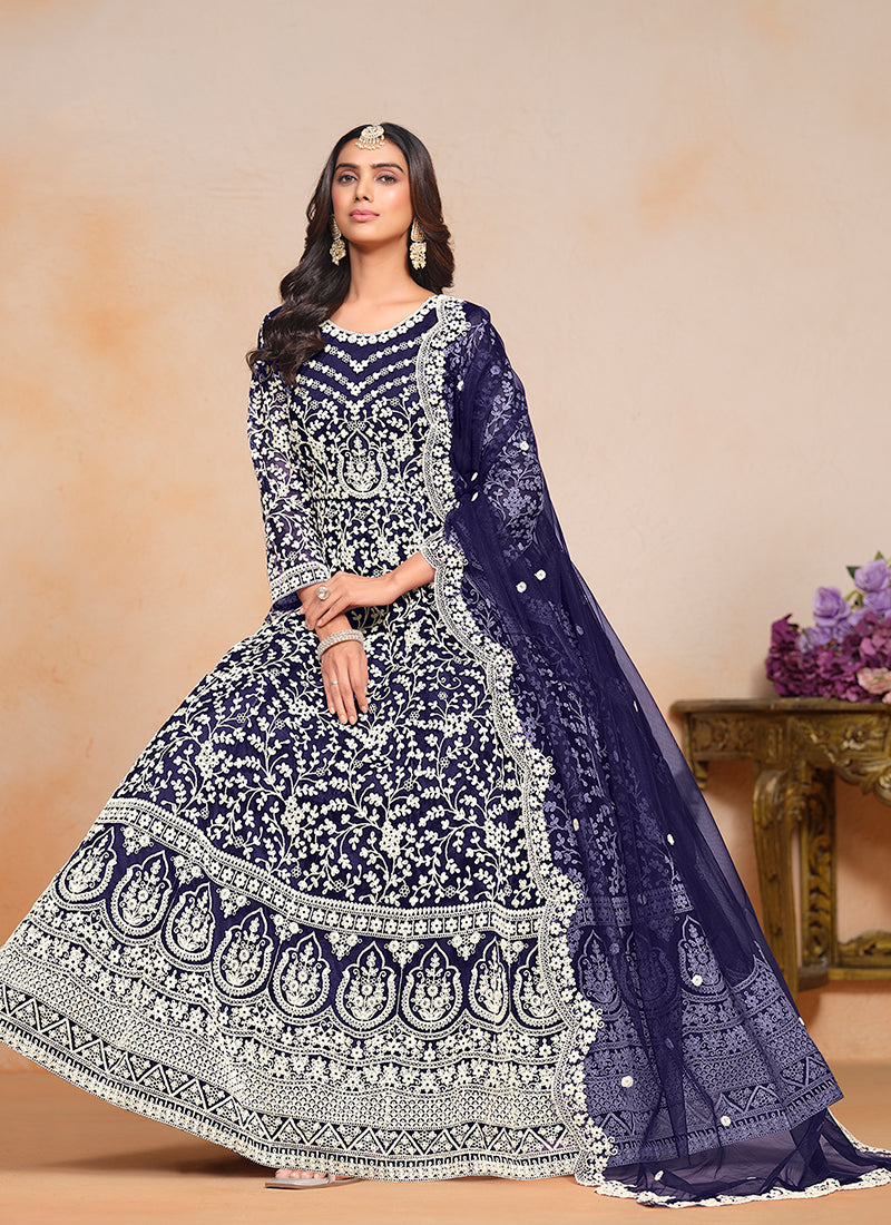 Dark Blue Designer Embroidery Festive Anarkali Suit