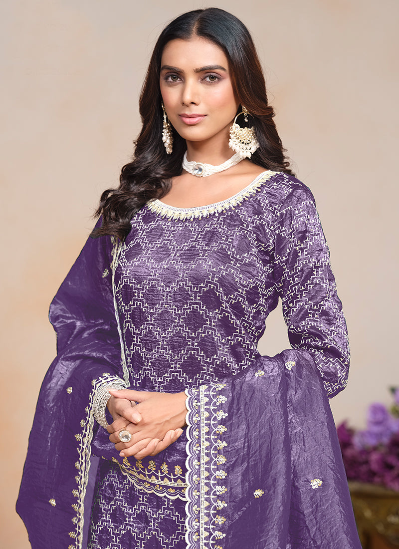 Purple Embroidered Traditional Palazzo Suit