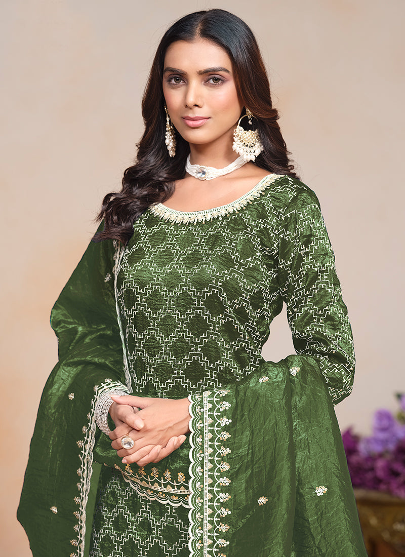 Green Embroidered Traditional Palazzo Suit