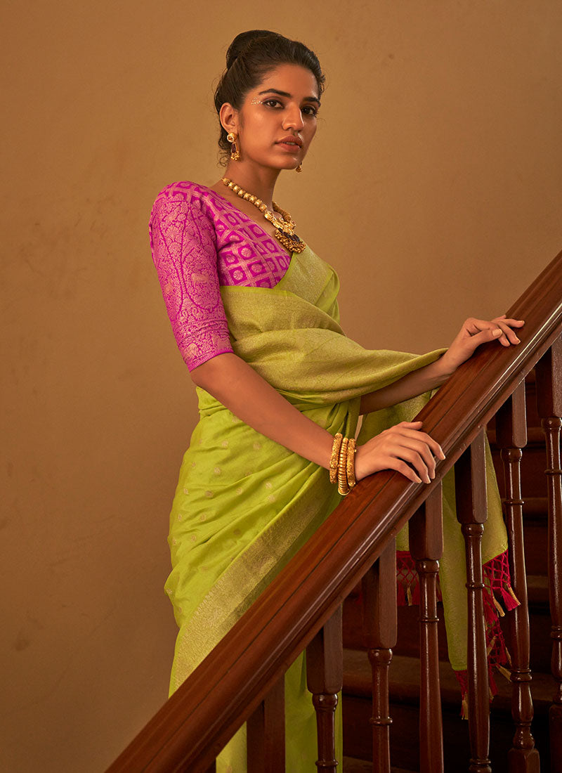 Green And Pink Weaved Crape Silk Saree