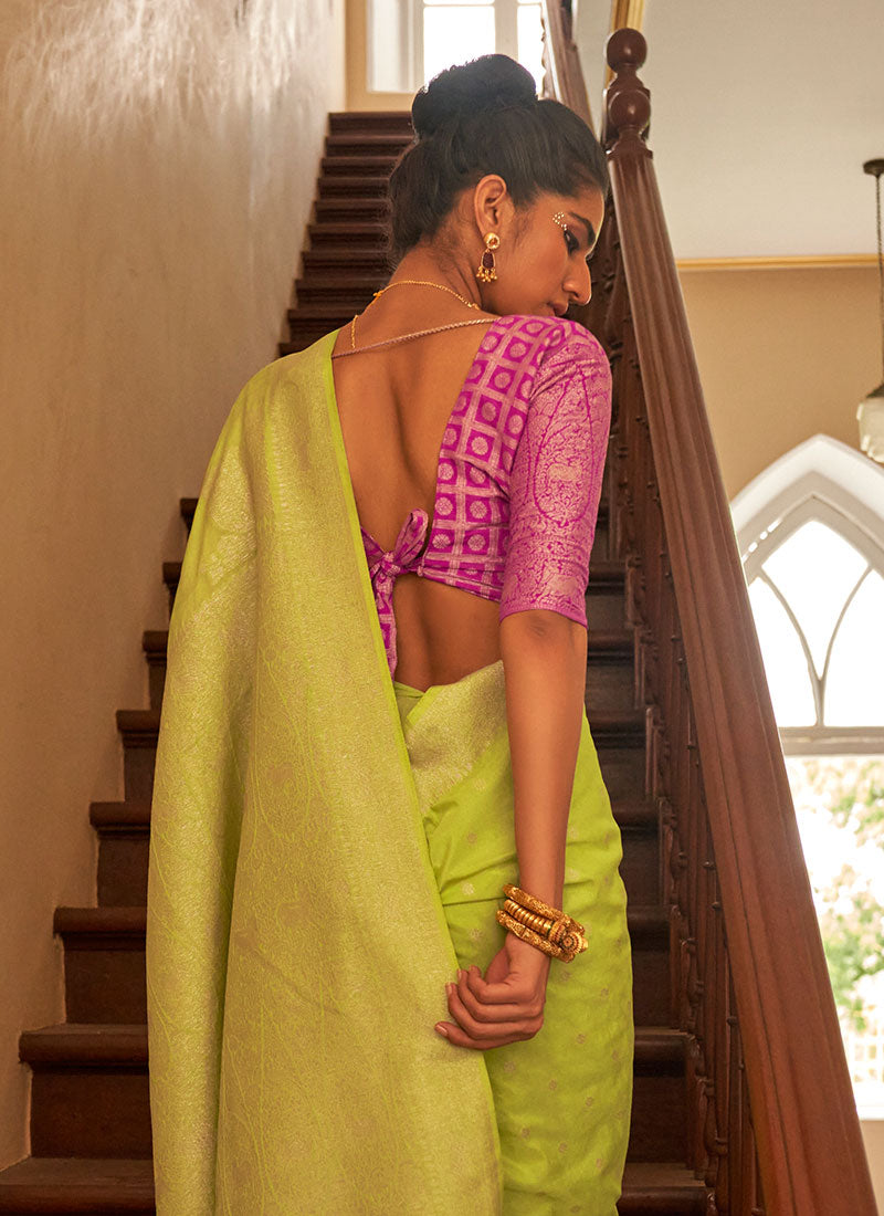 Green And Pink Weaved Crape Silk Saree