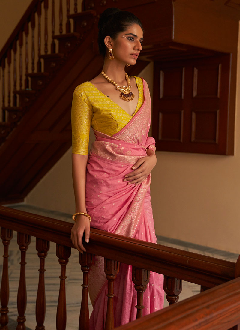 Pink And Yellow Weaved Crape Silk Saree