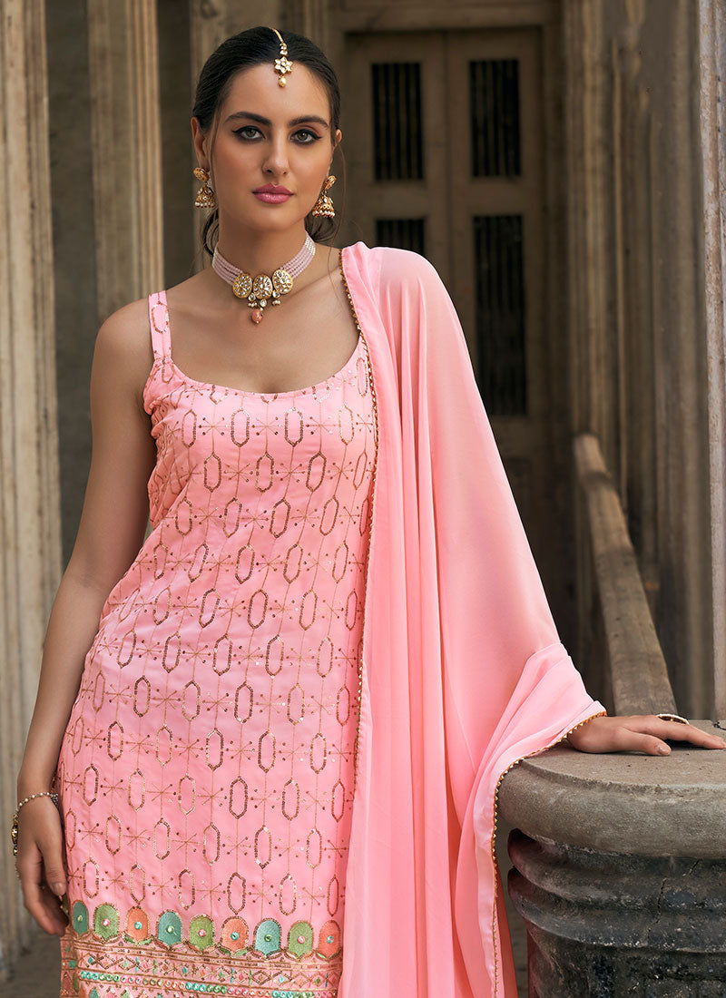 Pink Multi Embroidery Designer Sharara Suit