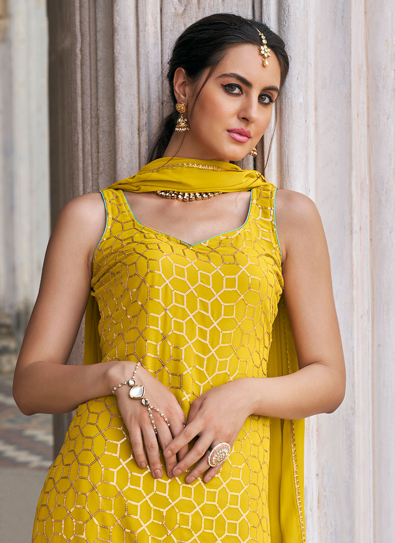 Yellow Multi Embroidery Designer Sharara Suit