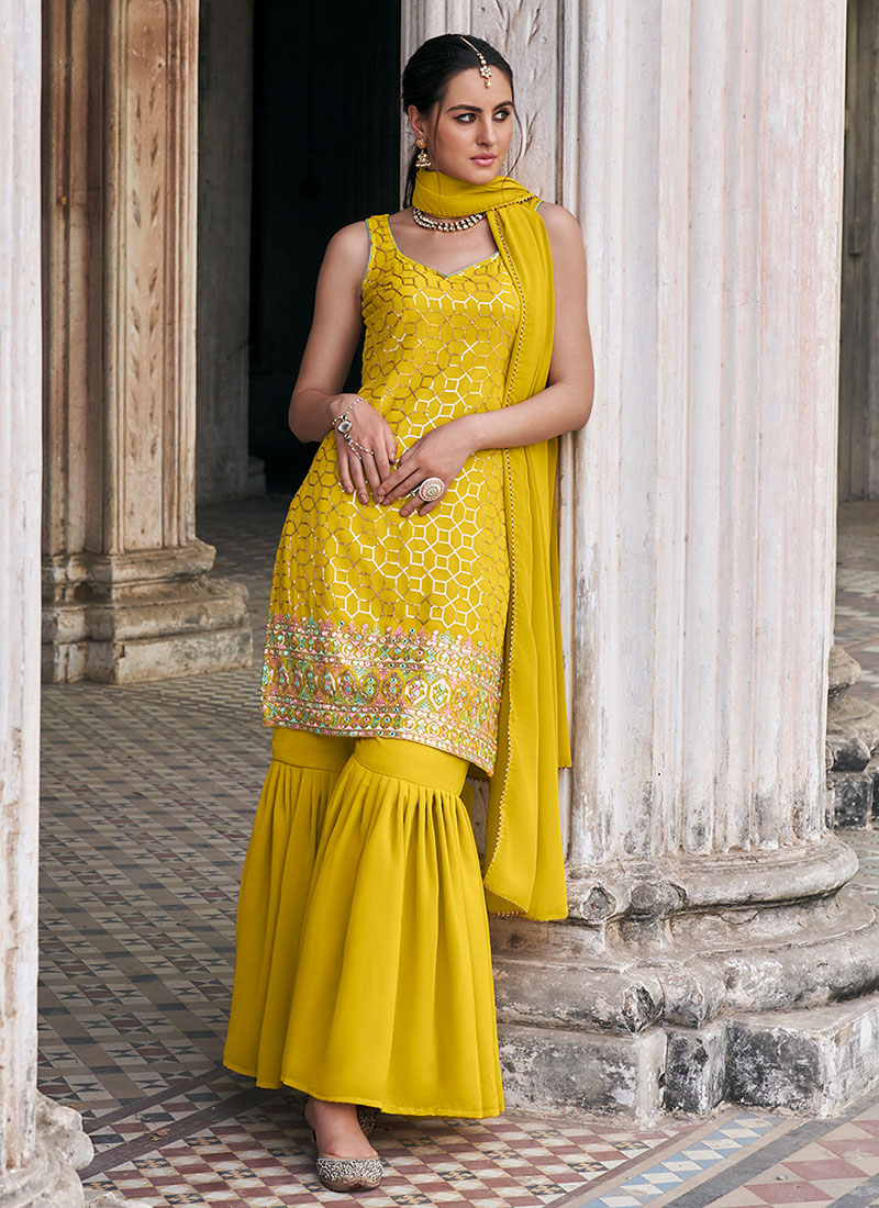 Yellow Multi Embroidery Designer Sharara Suit