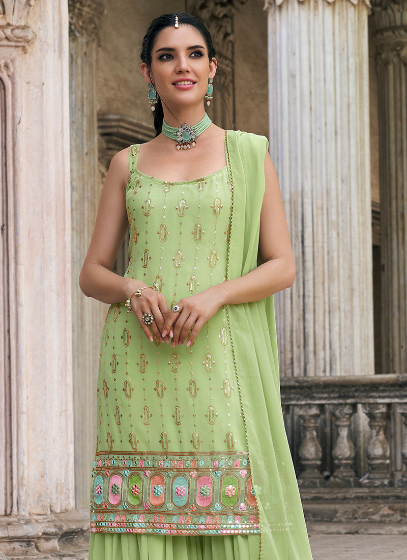 Green Multi Embroidery Designer Sharara Suit