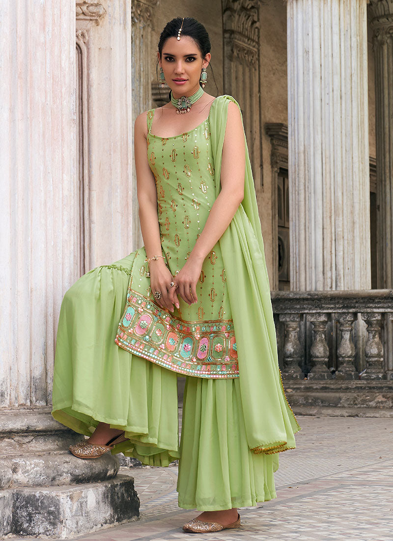 Green Multi Embroidery Designer Sharara Suit