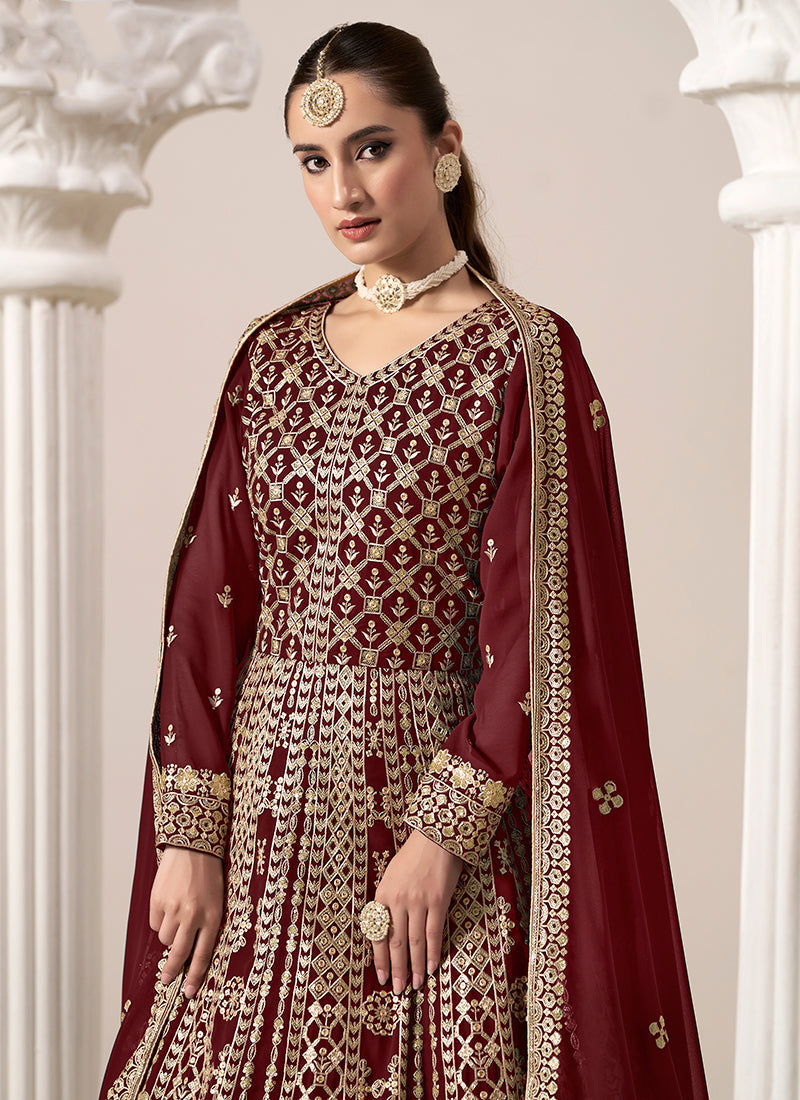 Deep Red Embroidery Georgette Anarkali Suit