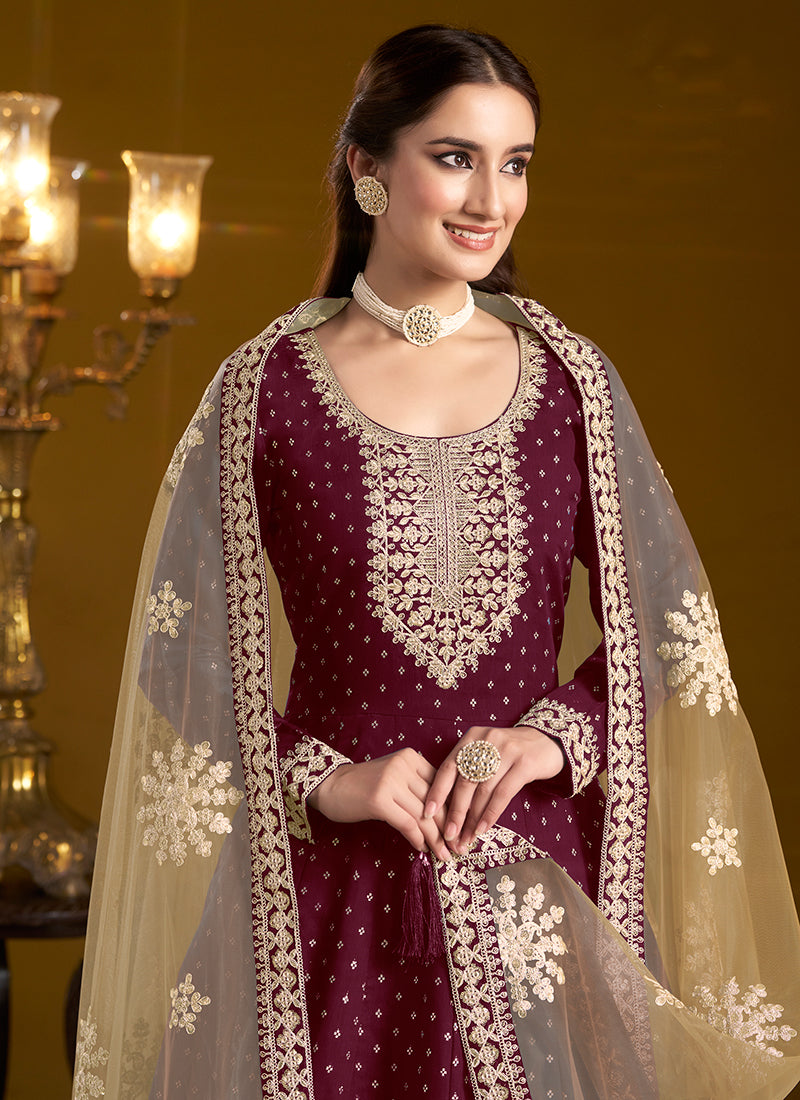 Maroon Embroidered Silk Anarkali Suit