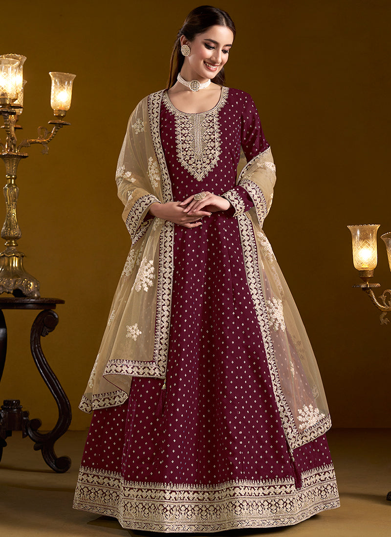 Maroon Embroidered Silk Anarkali Suit