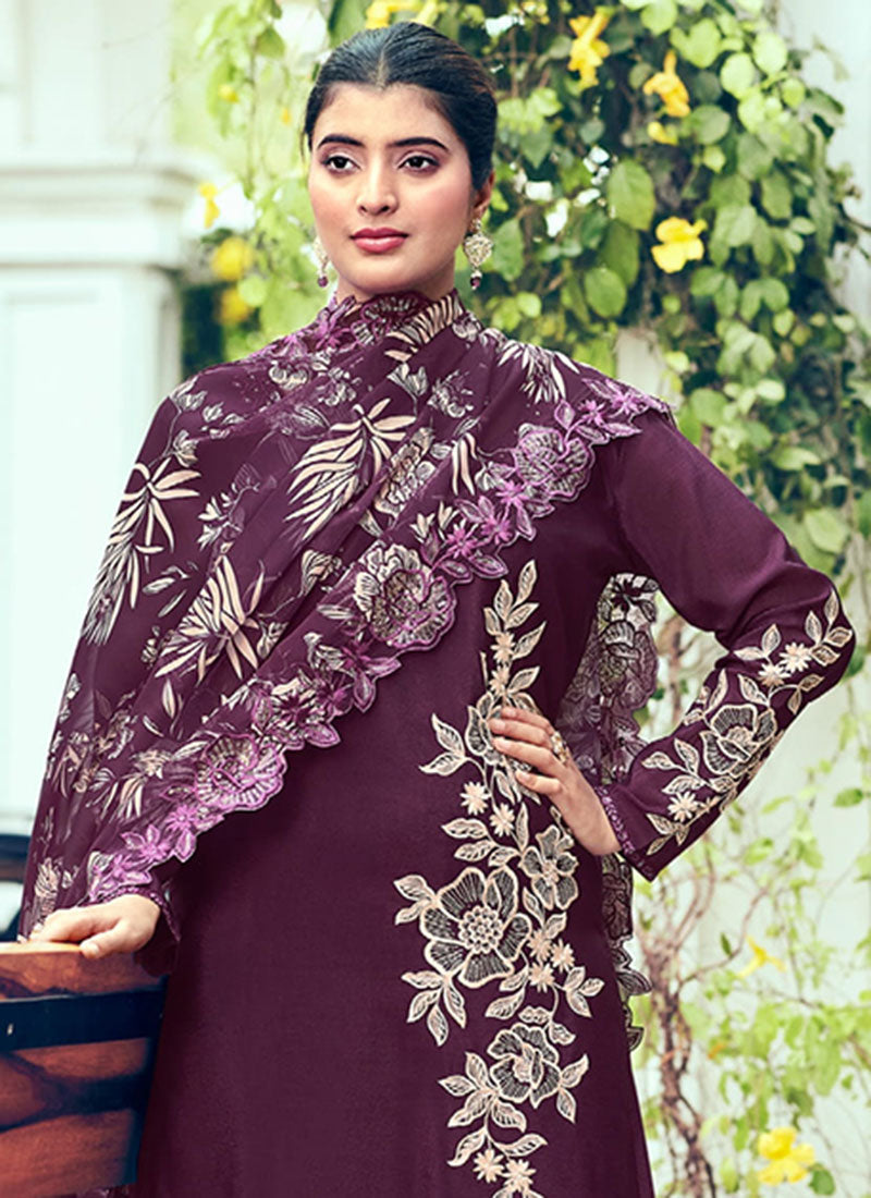 Wine Embroidery Designer Palazzo Suit