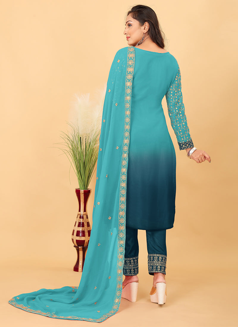 Blue Ombré Georgette Pant Style Salwar Suit