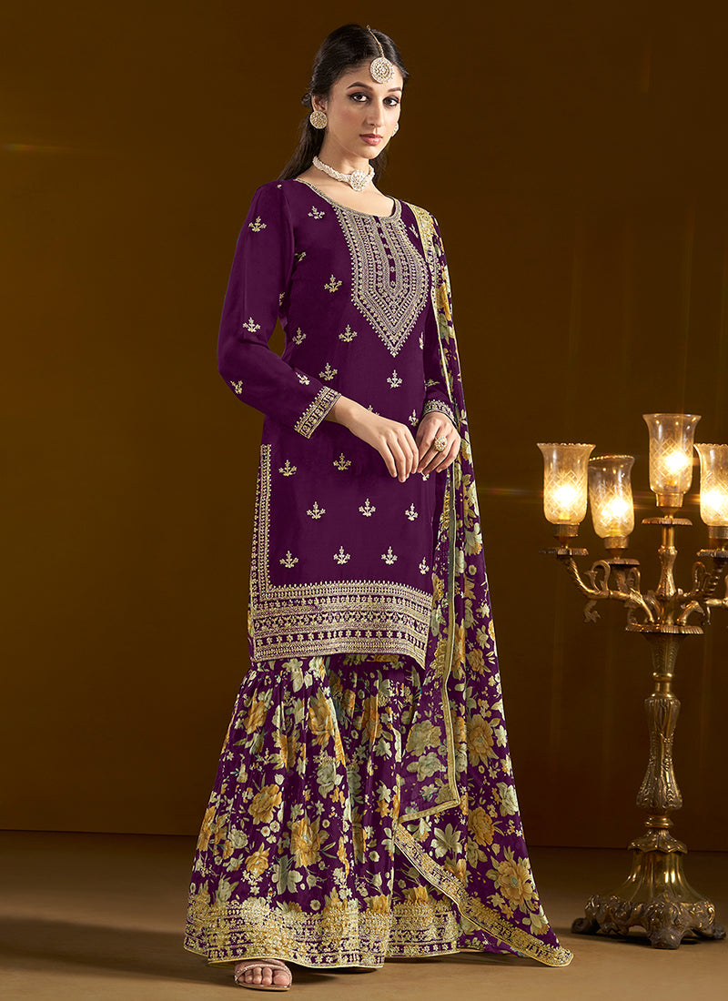 Purple Traditional Embroidery Gharara Style Suit