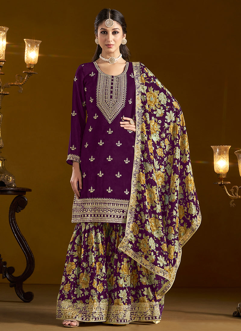 Purple Traditional Embroidery Gharara Style Suit