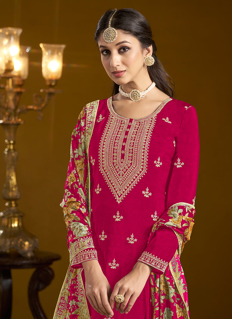 Hot Pink Traditional Embroidery Gharara Style Suit