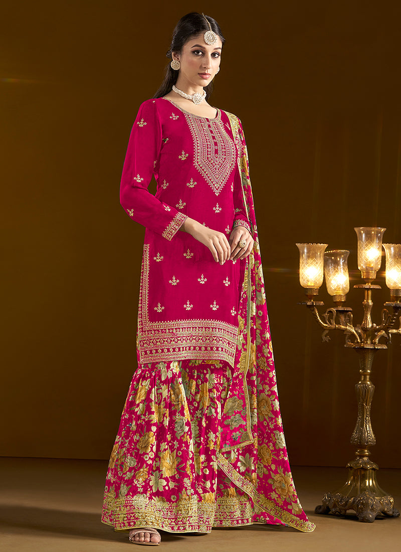 Hot Pink Traditional Embroidery Gharara Style Suit