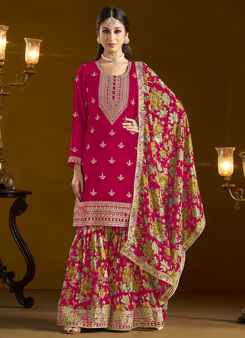 Hot Pink Traditional Embroidery Gharara Style Suit