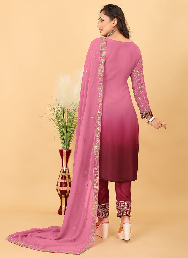 Pink Red Ombré Georgette Pant Style Salwar Suit