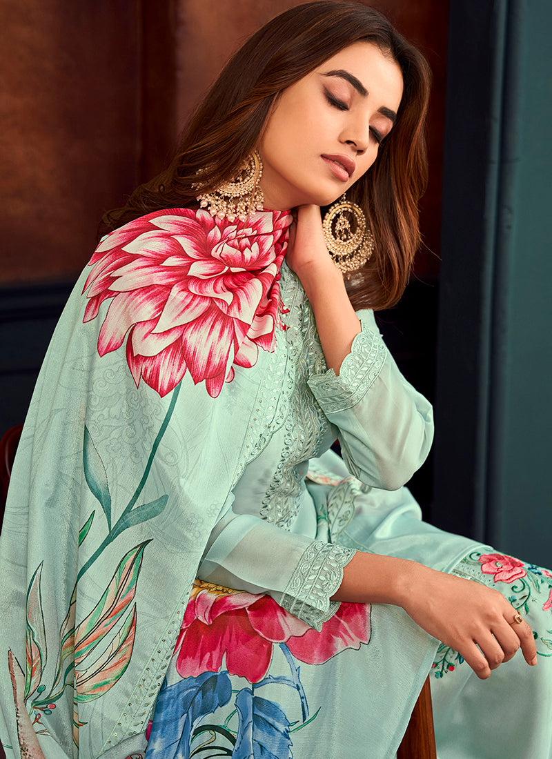 Green Thread Work Embroidery Pant Style Suit