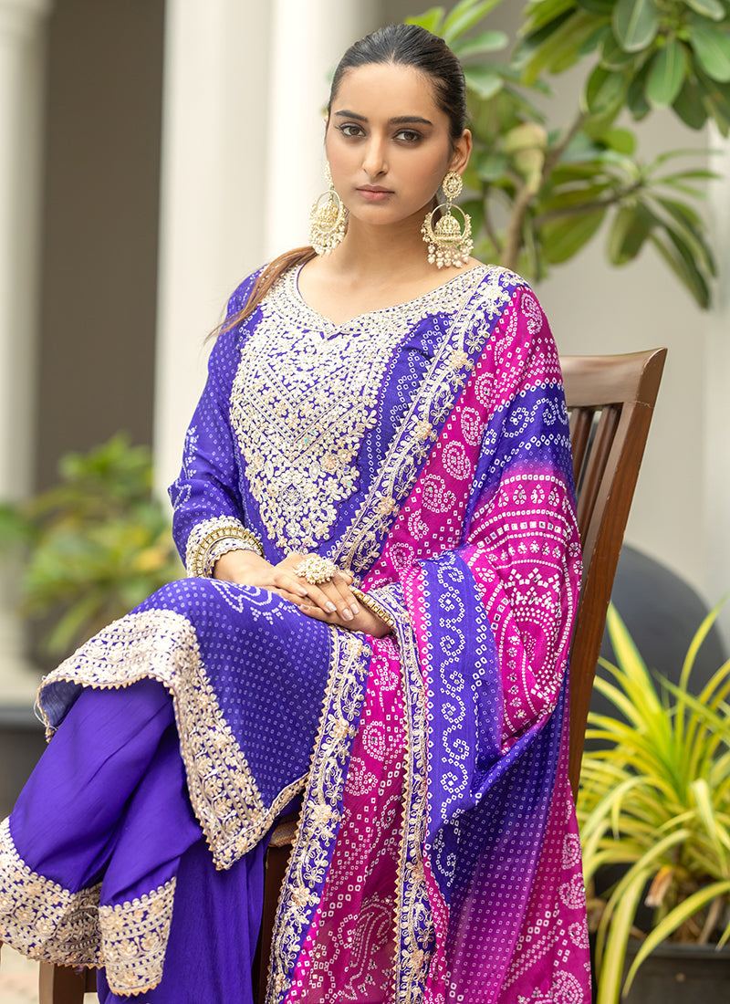 Blue And Pink Embroidery Bandhani Palazzo Suit