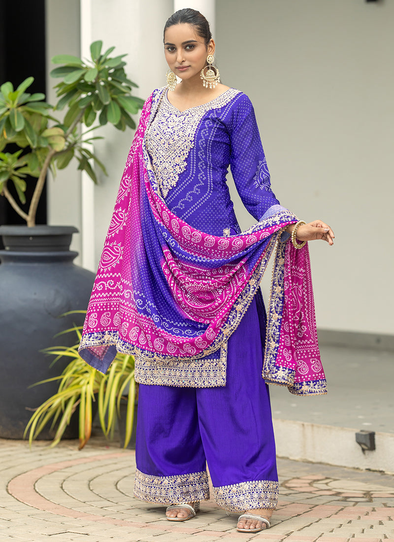 Blue And Pink Embroidery Bandhani Palazzo Suit