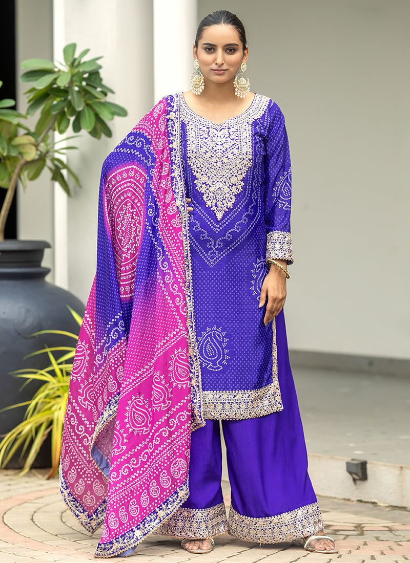 Blue And Pink Embroidery Bandhani Palazzo Suit