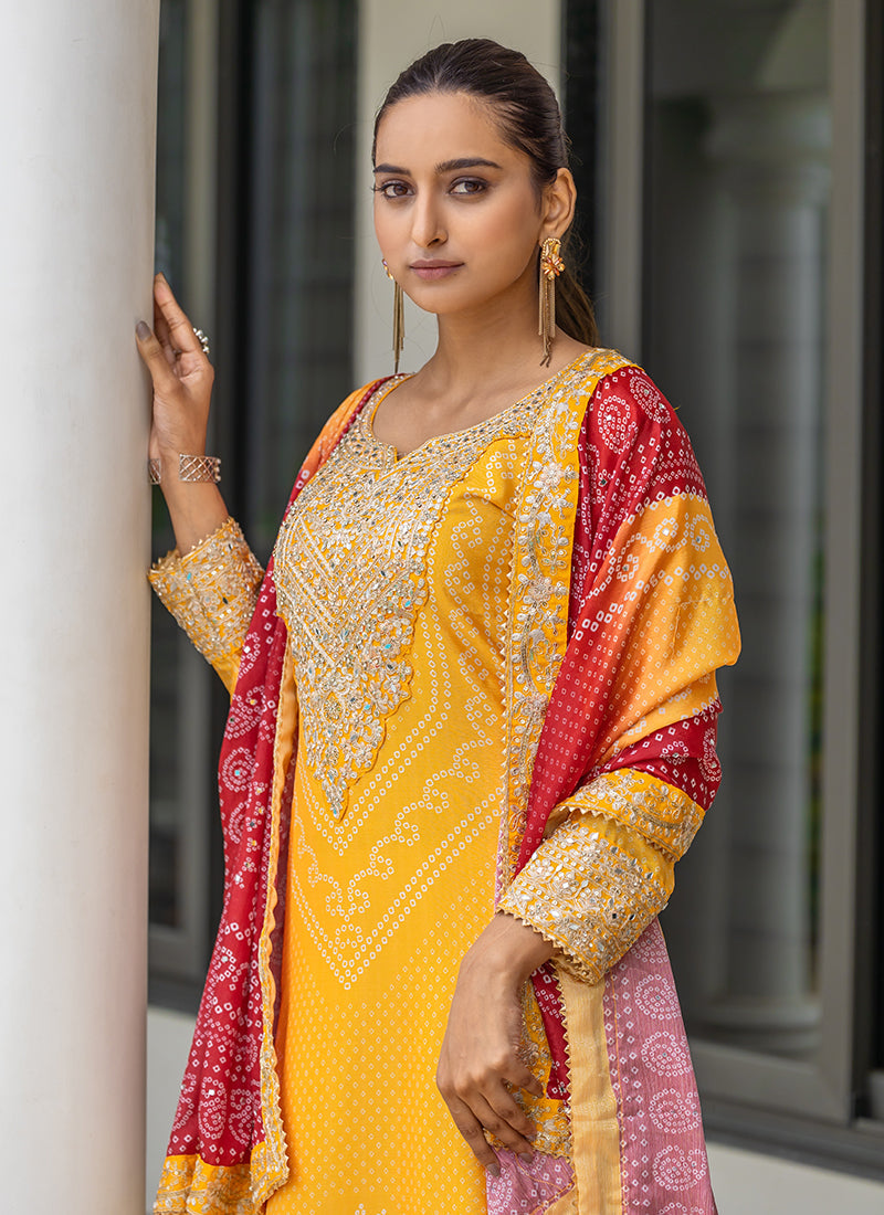 Yellow And Red Embroidery Bandhani Palazzo Suit