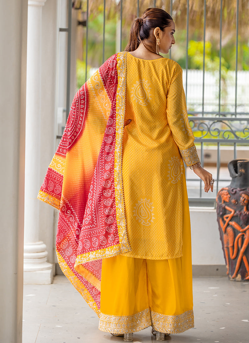 Yellow And Red Embroidery Bandhani Palazzo Suit