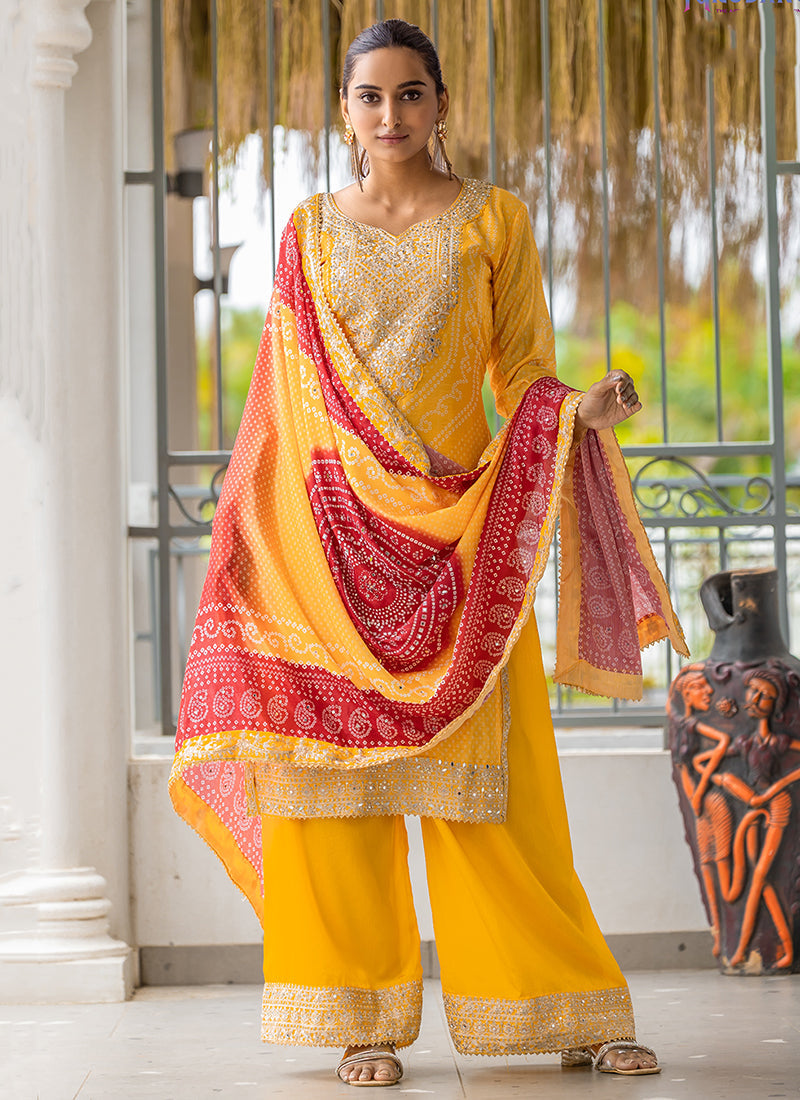 Yellow And Red Embroidery Bandhani Palazzo Suit