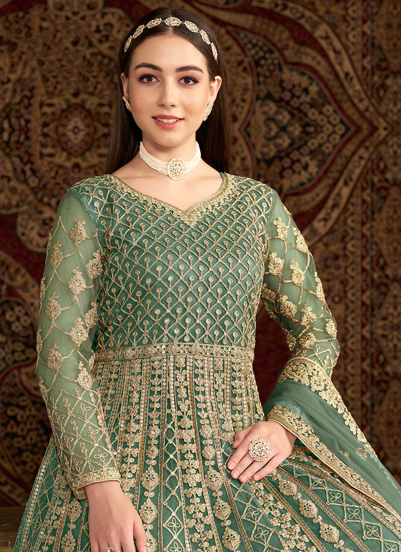 Sea Green Traditional Embroidery Wedding Anarkali Suit