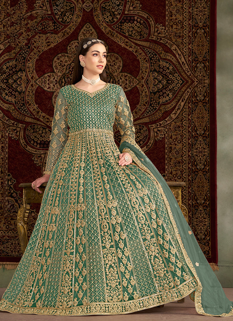 Sea Green Traditional Embroidery Wedding Anarkali Suit