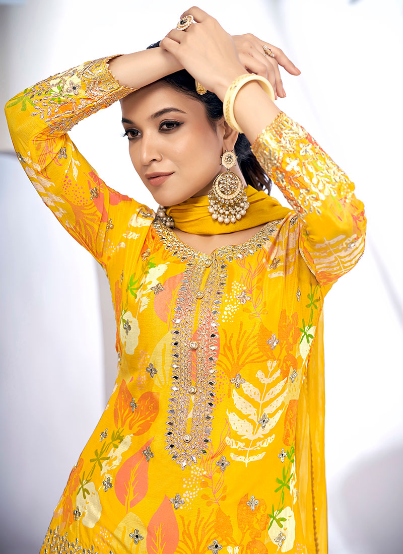 Yellow Golden Mirror Work Embroidery Gharara Suit